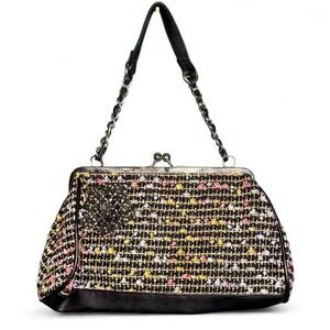 Black and multi-coloured tweed shoulder bag with chain handle, silver hardware